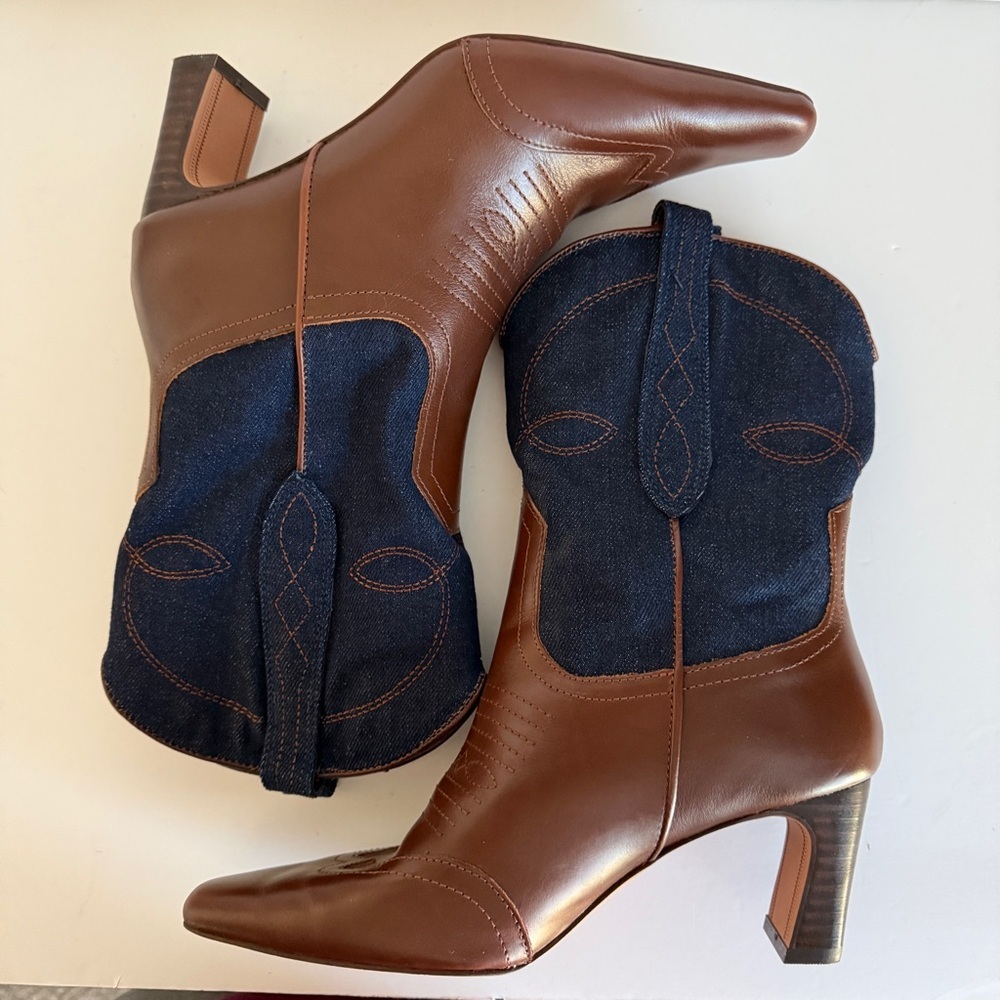 Steve Madden Josefine Western Ankle Boots Brown & Blue Denim Size 8M - Picture 4 of 12